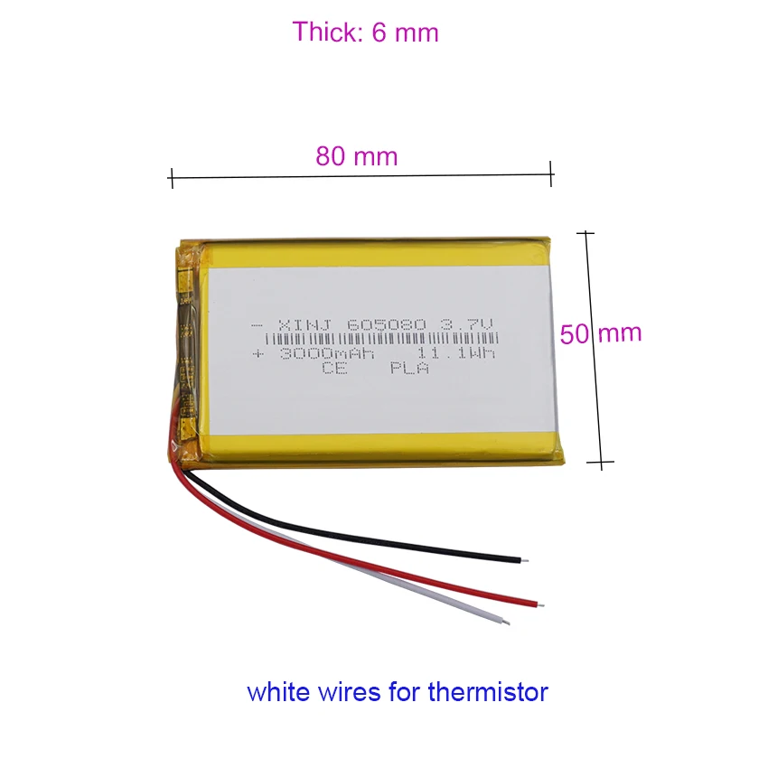 3.7V 3000mAh 11.1Wh NTC 3-przewodowy termistor Li Bateria litowa 605080   Lipo do kamery samochodowej GSP DashCam Głośnik Bluetooth e-book