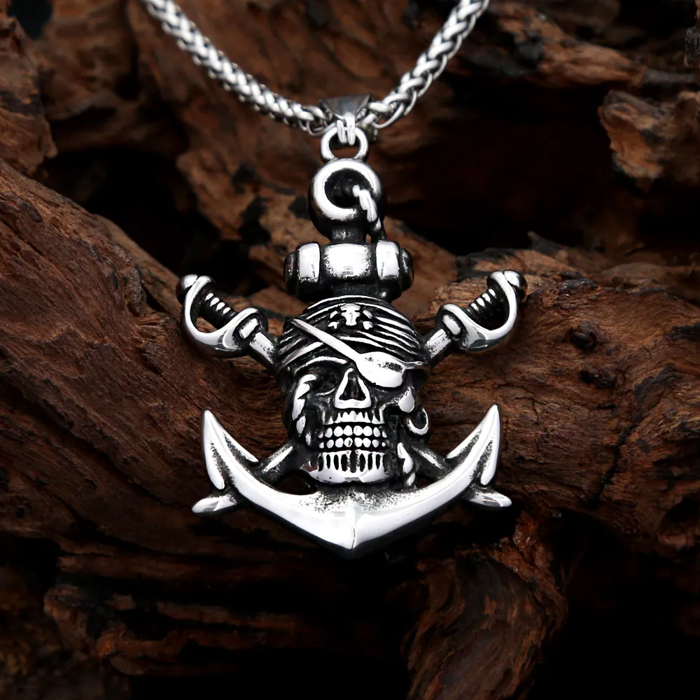 Gothic Pirate Anchor Skull Stainless Steel Pendant Necklace Pirate Skull Nautical Amulet For Men And Women Punk Fashion Jewelry
