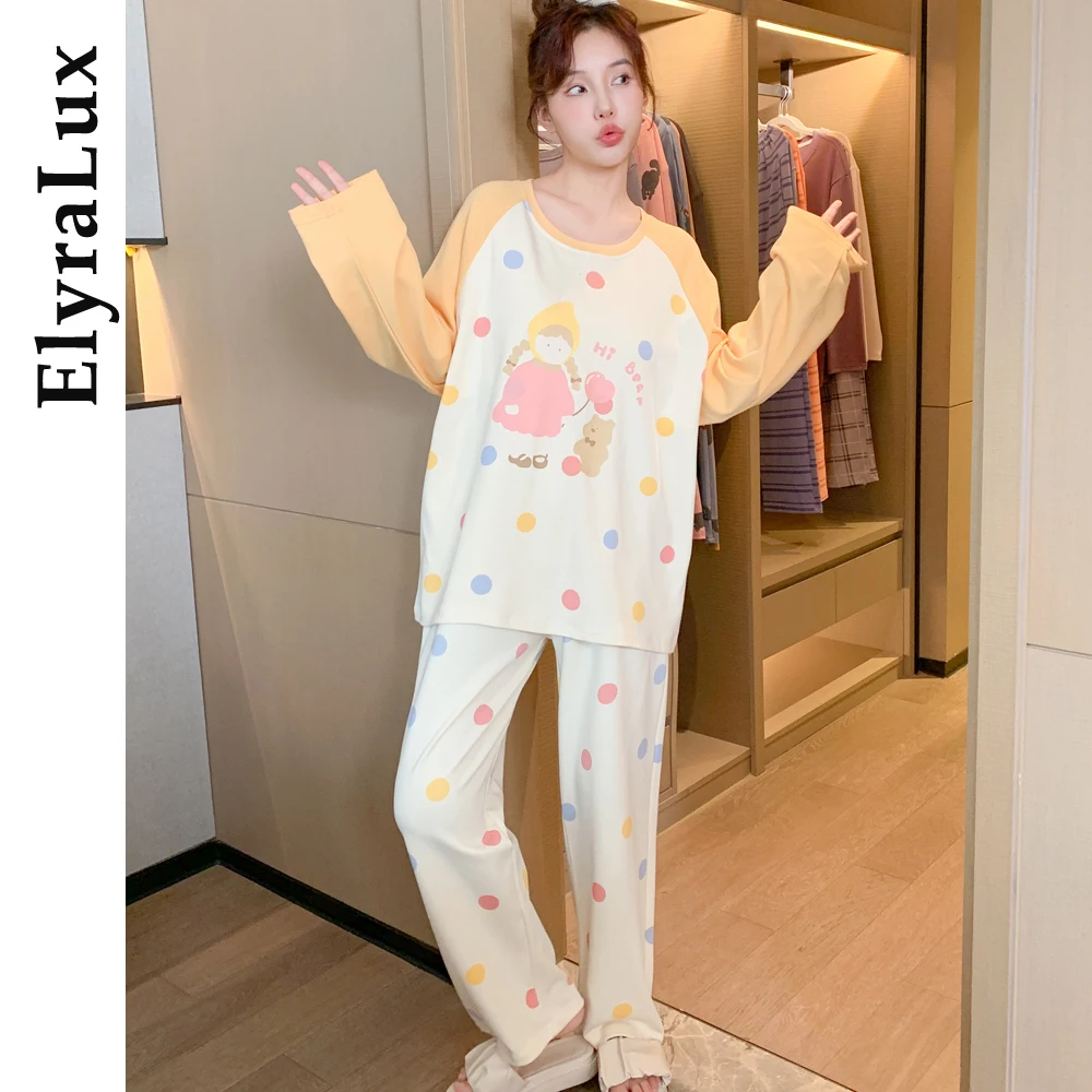 

ElyraLux, весенне-осенняя одежда для сна с мультяшным принтом, комплект домашней одежды с круглым вырезом, милый женский повседневный костюм для сна, мягкая пижама для девочек