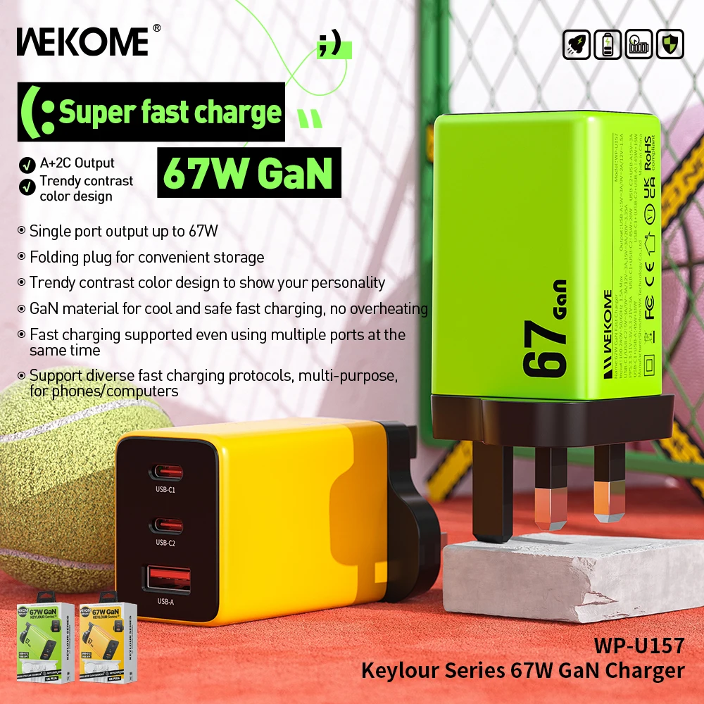 WEKOME 67W GaN Charger Quick Charge Fast Charging Type C Charger QC4.0 PD 3.0 USB C Adapter For iPhone 15 14 13 iPad Pro Macbook