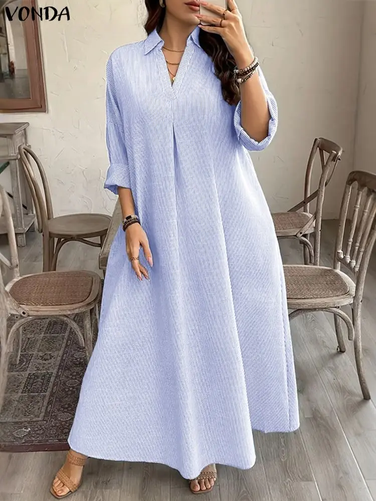 VONDA Moda Causale Abiti Manica Lunga Con Scollo A V Camicia Lunga da Donna Vestito Estivo 2025 Autunno Con Scollo a V Elegante Streetwear Maxi Abiti