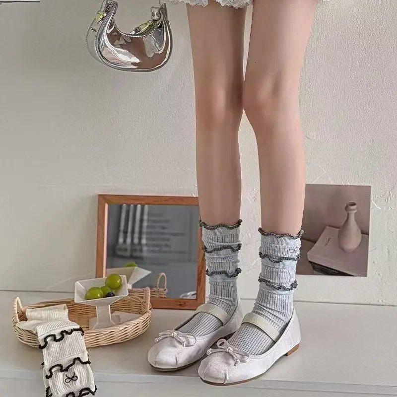 5 пар белых кружевных хлопковых носков до щиколотки, женские дышащие носки до середины икры