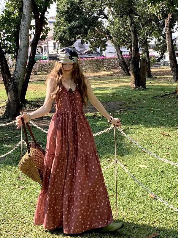 

plus Size Women's Floral Print Belted Waist Slimming Summer Vacation Long Dress Sweet Style A-Line Polyester Fiber Gown