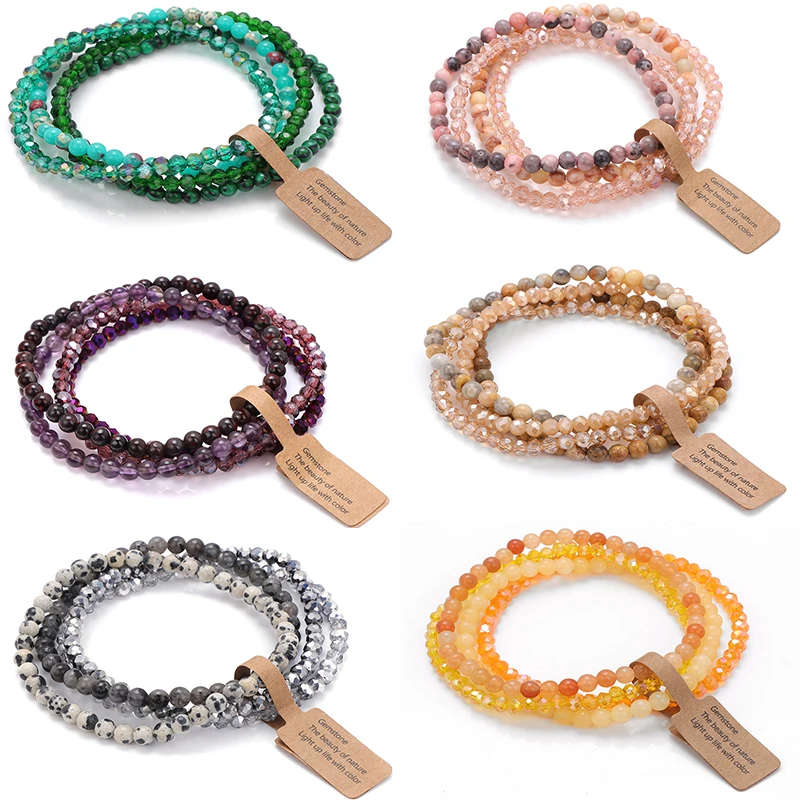 Handgefertigtes Naturstein-Armband-Set, 4 mm, rund, facettierte Glasquarz-Achate, Perlen, Armbänder, Armreifen für Damen und Herren, Glücksschmuck