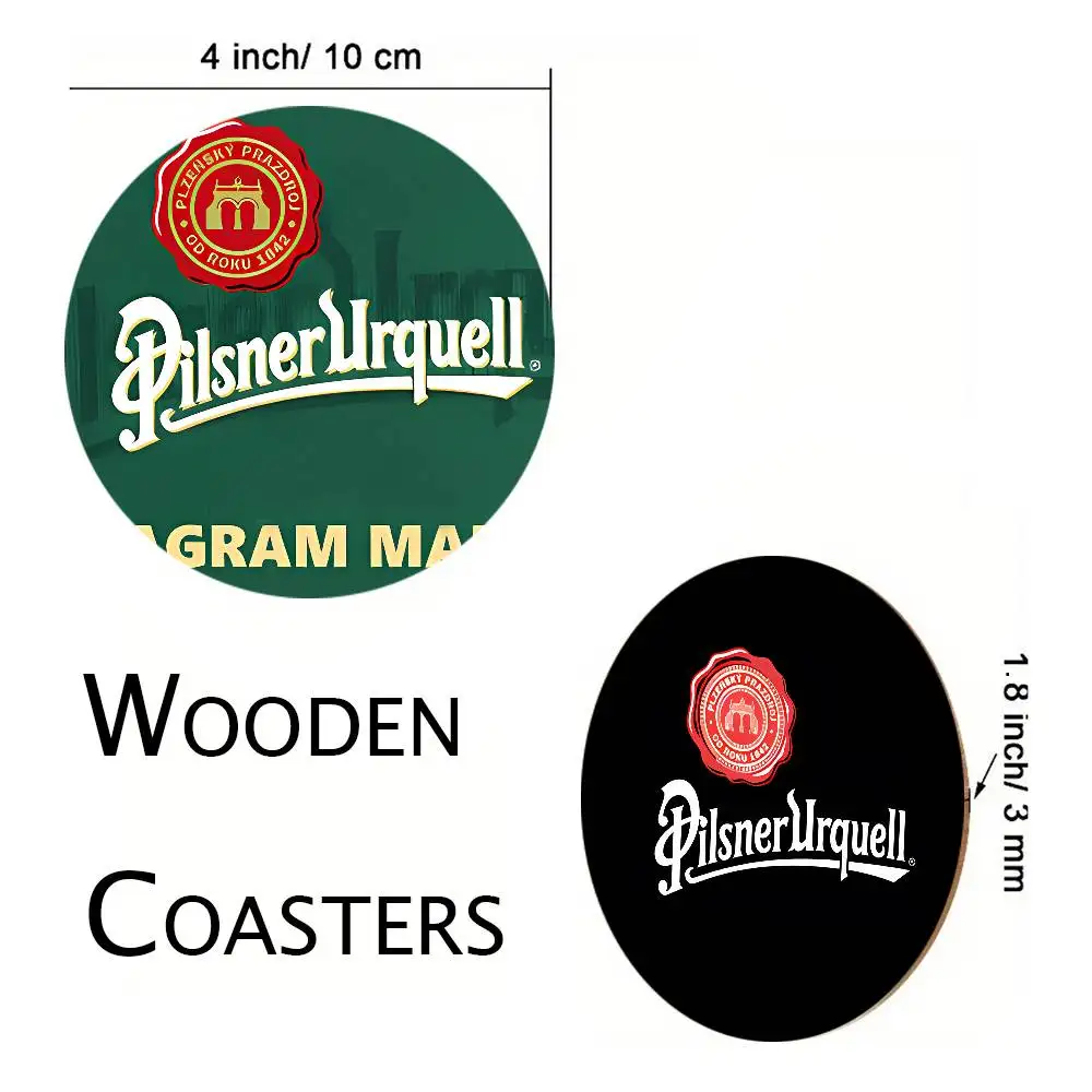 Pilsner Urquell Beer Logo Coasters 10cm Round Wooden Suitable For Drinks Tea Coffee Home