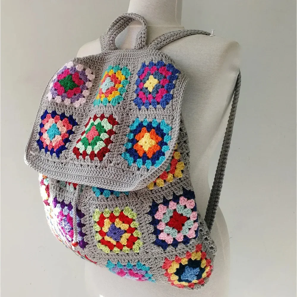 DIY Hand-crocheted Bohemian Shoulder Bag Grandmother Geometric Pattern Retro Hippie Bag