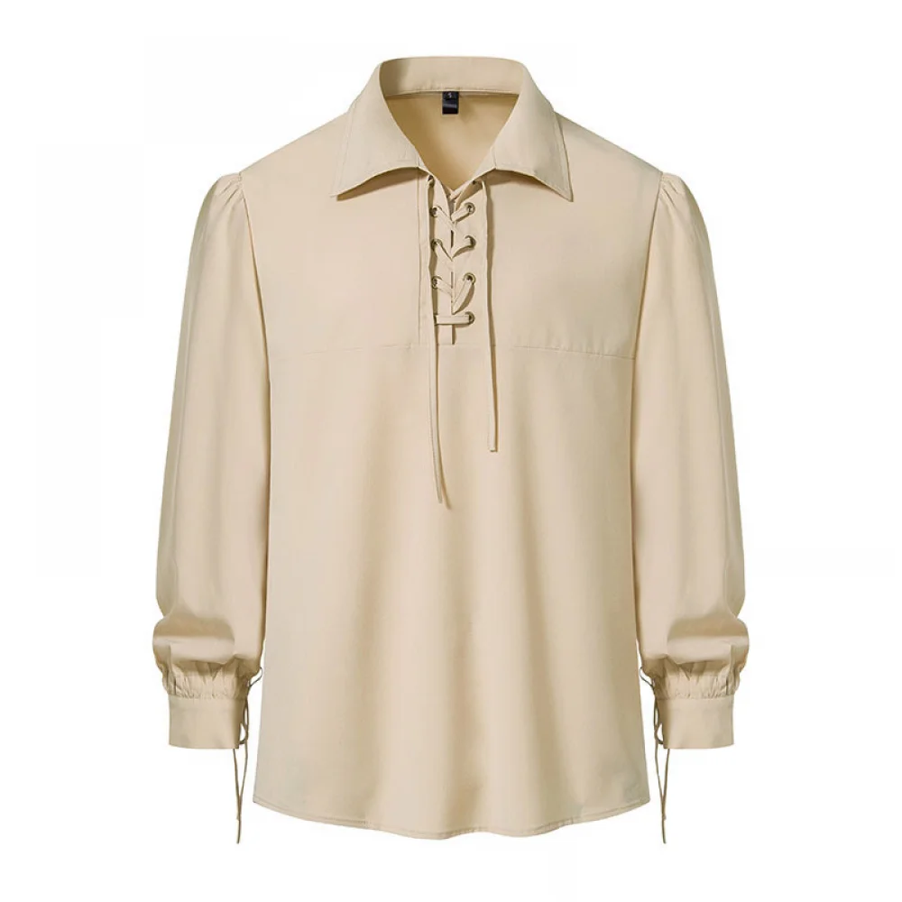 Camisa Vintage para hombre, jersey de manga larga de Color sólido para hombre, camisa con cordones y solapa, camisa de Cosplay Medieval renacentista para hombres adultos