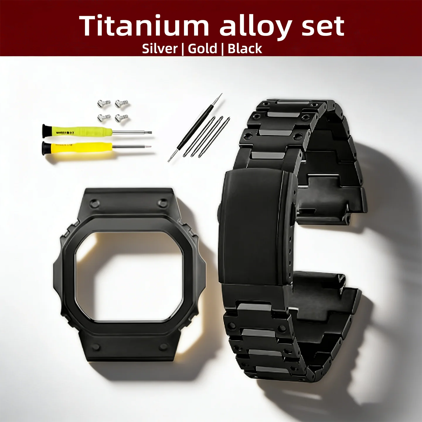 

Комплект из титанового сплава: корпус, браслет, аксессуары для модификации Casio 3156 DW-H5600, металлический мод-кит, ремешок, черный/серебристый/золотой цвет.