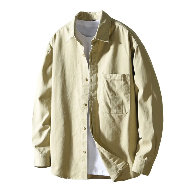 T784 الرجال قميص غير رسمي طويل الأكمام النمط الياباني لون نقي 100% القطن فضفاض مريح قميص رجالي ملابس يومية بلايز #3