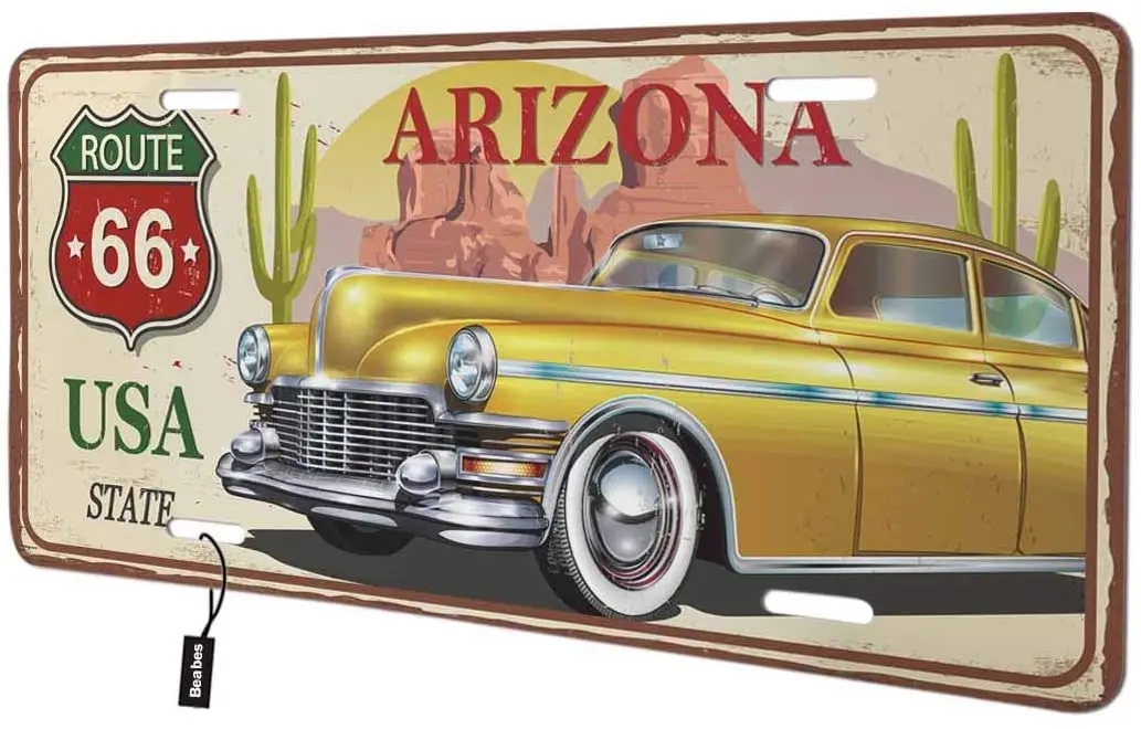 Beabes Arizona Route 66 USA State Front License Plate Cover,Retro Vintage Car Cactus Decorative License Plates for Car