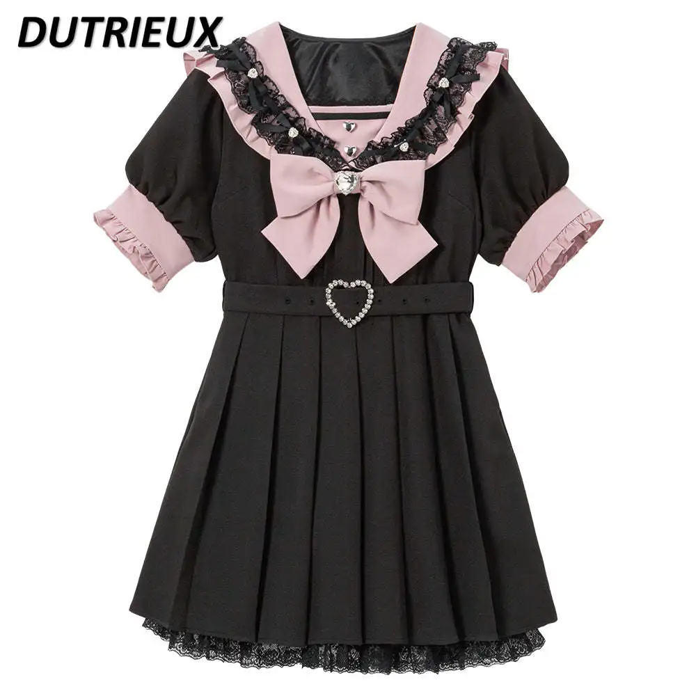 Summer New Sweet Short-sleeved Slimming Dress Heavy Industry Big Bow Belt Love Buckle Lace Edge Navy Collar Pleated Dresses