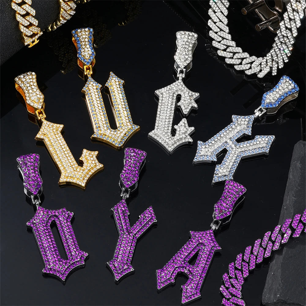 Hip Hop Full 12MM Purple Iced Out Letters Necklaces Iced Out Cross Sword Letters Necklace & Pendant For Men Women Jewelry