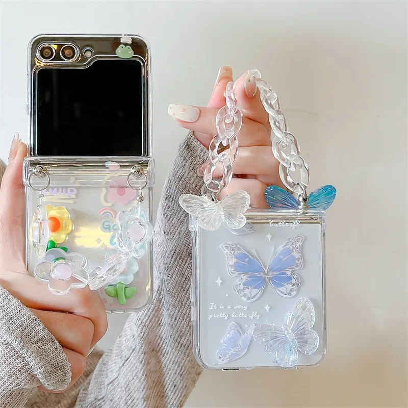 

Transparent Butterfly Chain Phone Case for Samsung Galaxy Z Flip 6 5 4 3 Protective Back Cover for ZFlip4 ZFlip5 ZFlip6 Shell