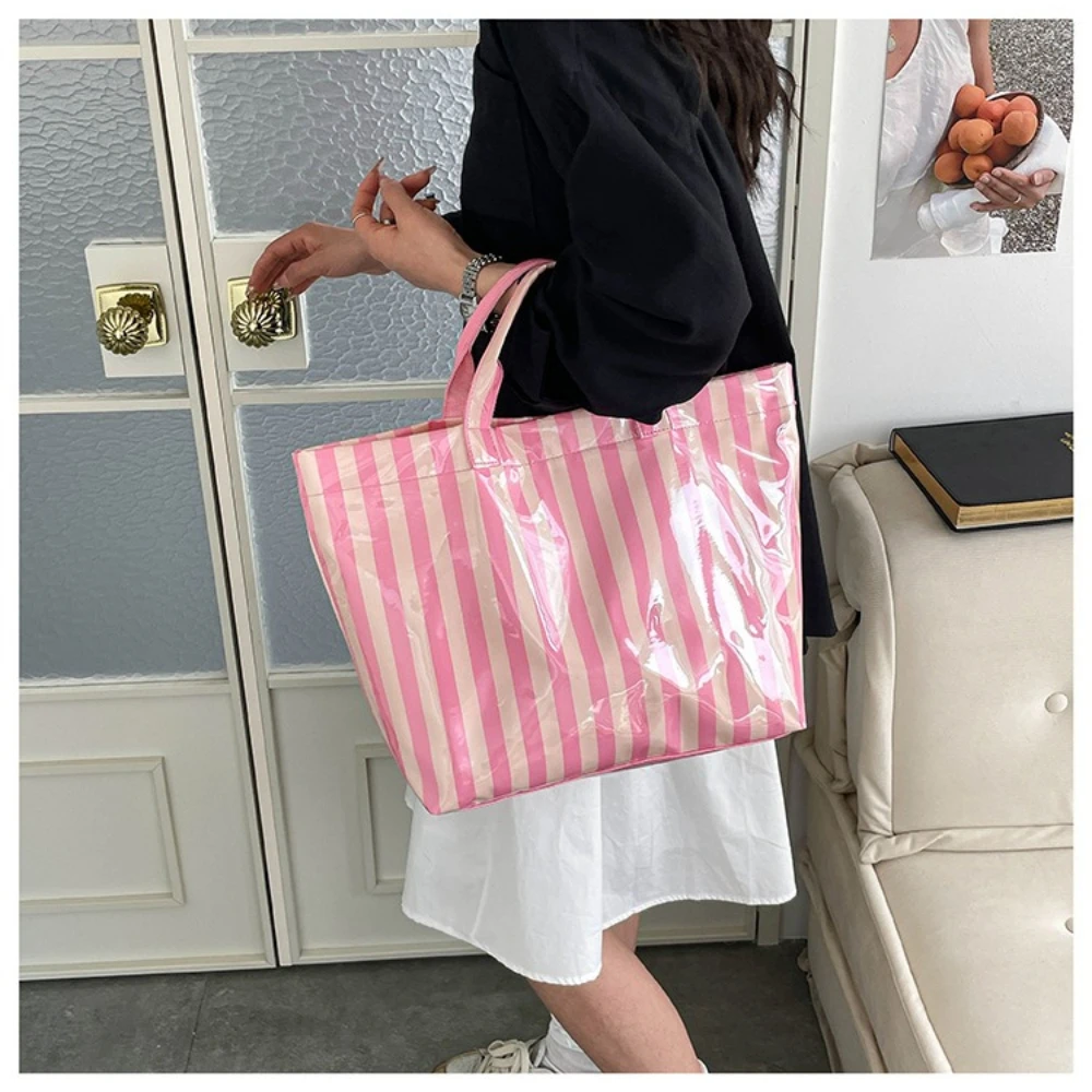 Waterproof Striped PVC Shoulder Tote Bag, Roomy Lightweight Daily Storage Handbag for Everyday Use, Ideal for Daily Use, Holiday image 5