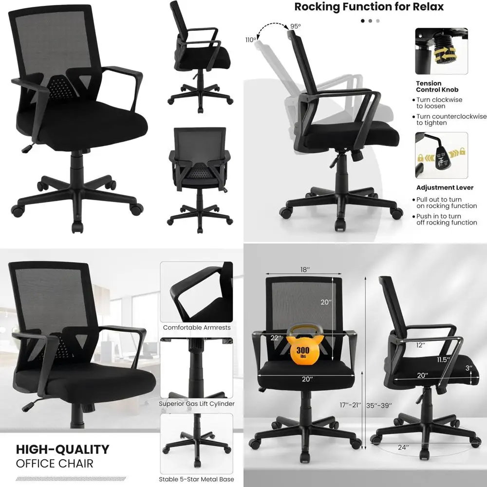 

Ergonomic Black Mesh Chair with Lumbar Support, Swivel Desk Chair on Wheels, Adjustable Office Chair with Armrests for Home & Ex