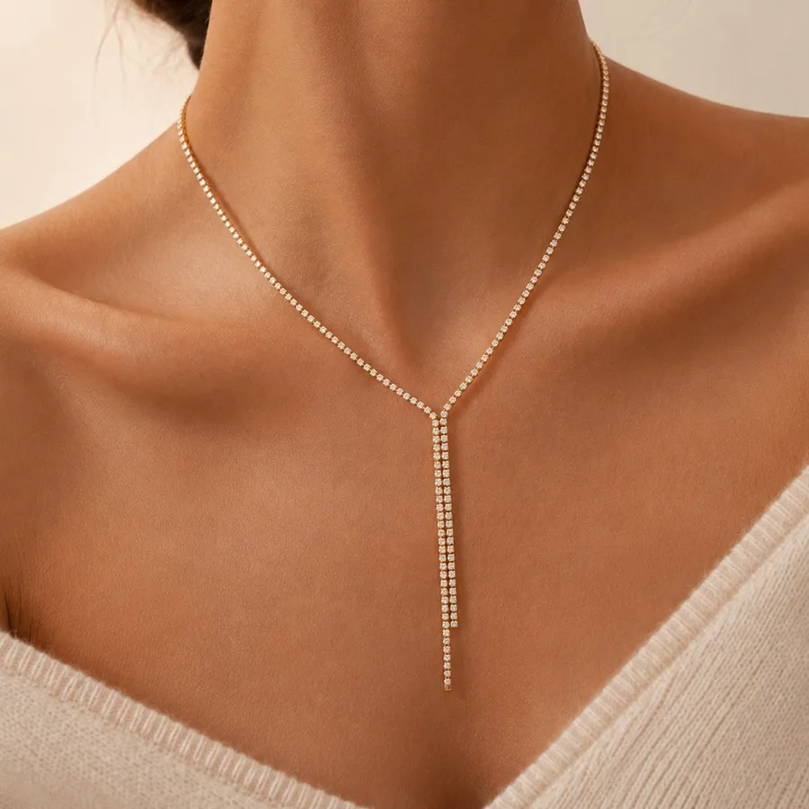 Jewelry, simple temperament and design sense Y-shaped stainless steel necklace ins inlaid with diamond tassel necklace