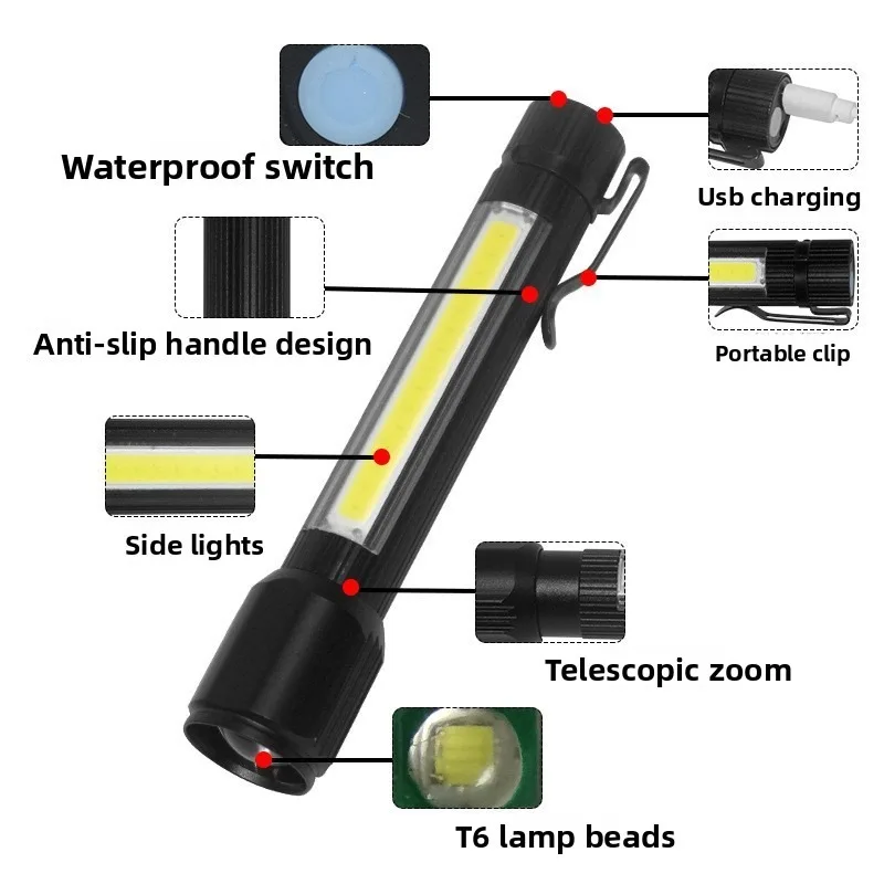 Dual-Light Mini LED Zoomable Flashlight - Super Bright, USB Rechargeable, Long Battery Life, COB Side Light, Compact & Portable