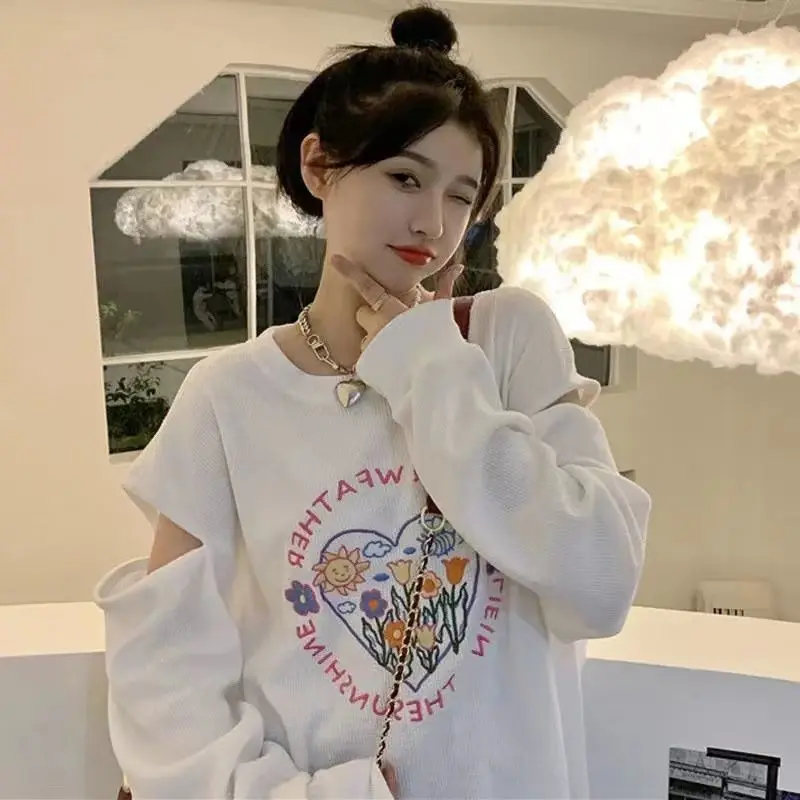 Femme Frühling Koreanische Mode Druck Einfarbig Oansatz Frauen Kleidung Pullover Sweatshirts Alle-spiel Modische Lange Hülse