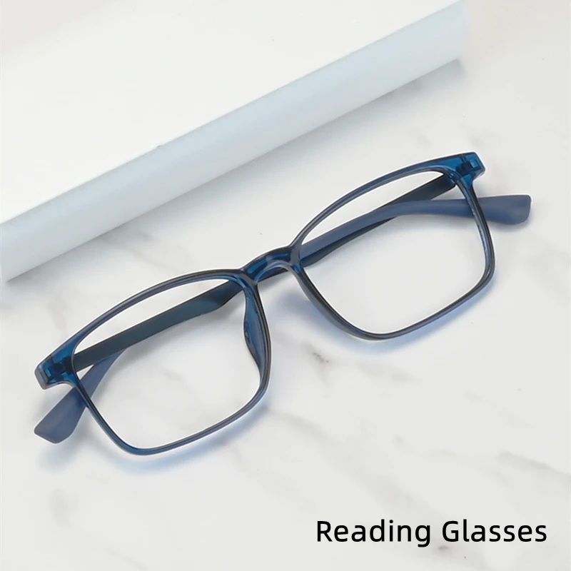 Transparent Blau Männer Business Anti Blau Licht Presbyopie Brillen Retro Platz TR90 Edelstahl Legierung Lesebrille A1003