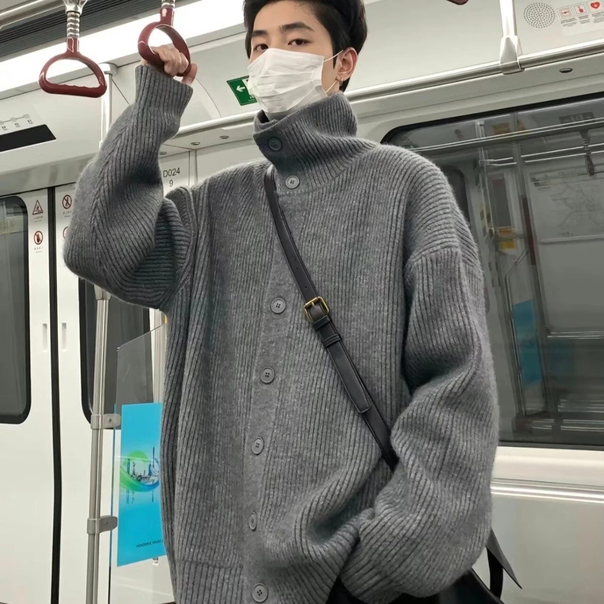 

Модный мужской открытый кардиган, свитер с воротником-стойкой, свободная трикотажная верхняя одежда, повседневная зимняя одежда из полиэстера, длинный све