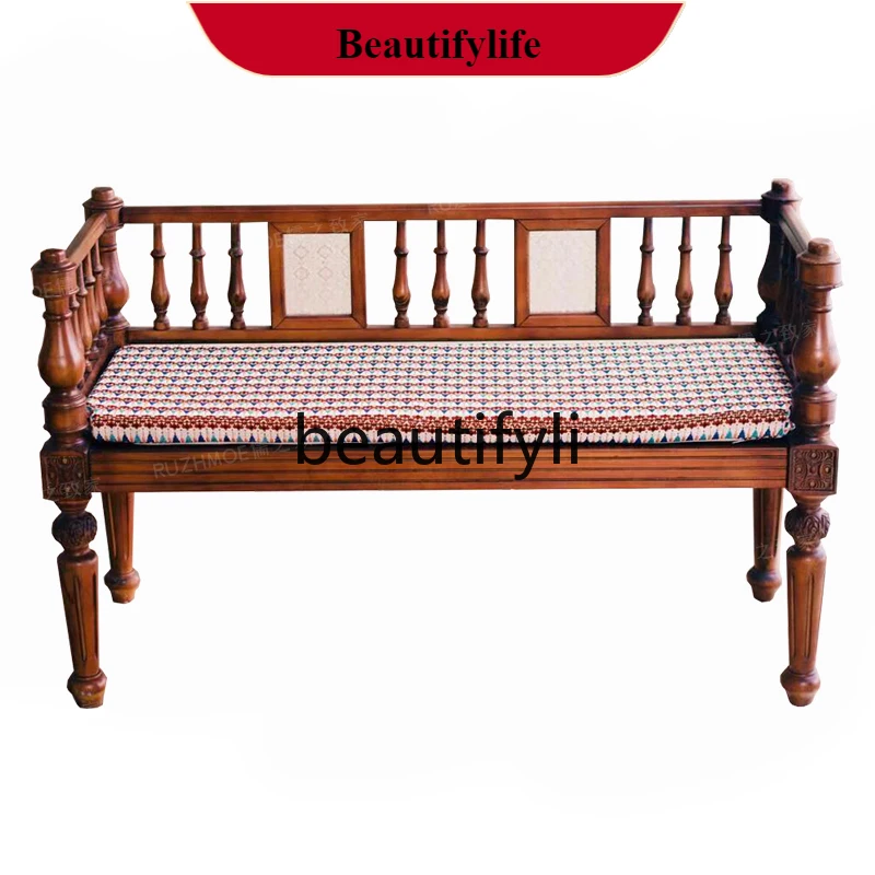 

D132 American medieval double bench art solid wood bedside stool French retro