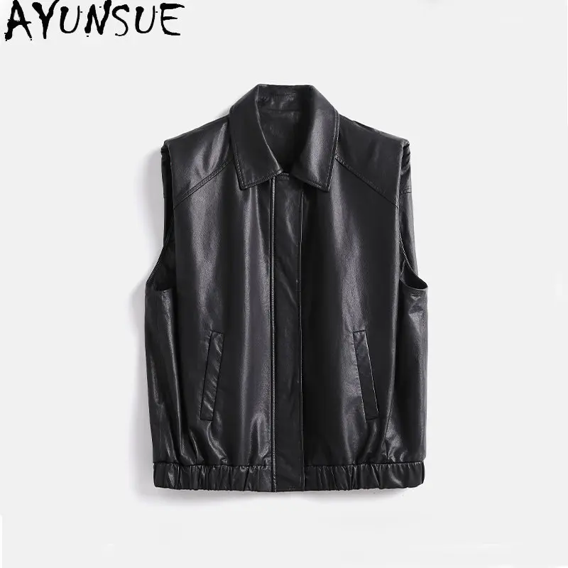 AYUNSUE High Quality Genuine Sheepskin Leather Jackets Woman Sleeveless Jacket for Women Single-breasted Leather Vest Waistcoat