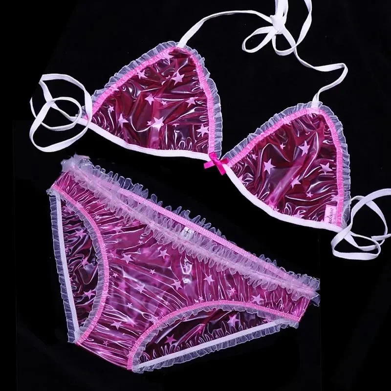 Seksowne koronkowe niskiej talii przezroczyste plastikowe kalesony z PVC biustonosz miękkie gładkie wodoodporne majtki ABDL para bielizna prywatna impreza