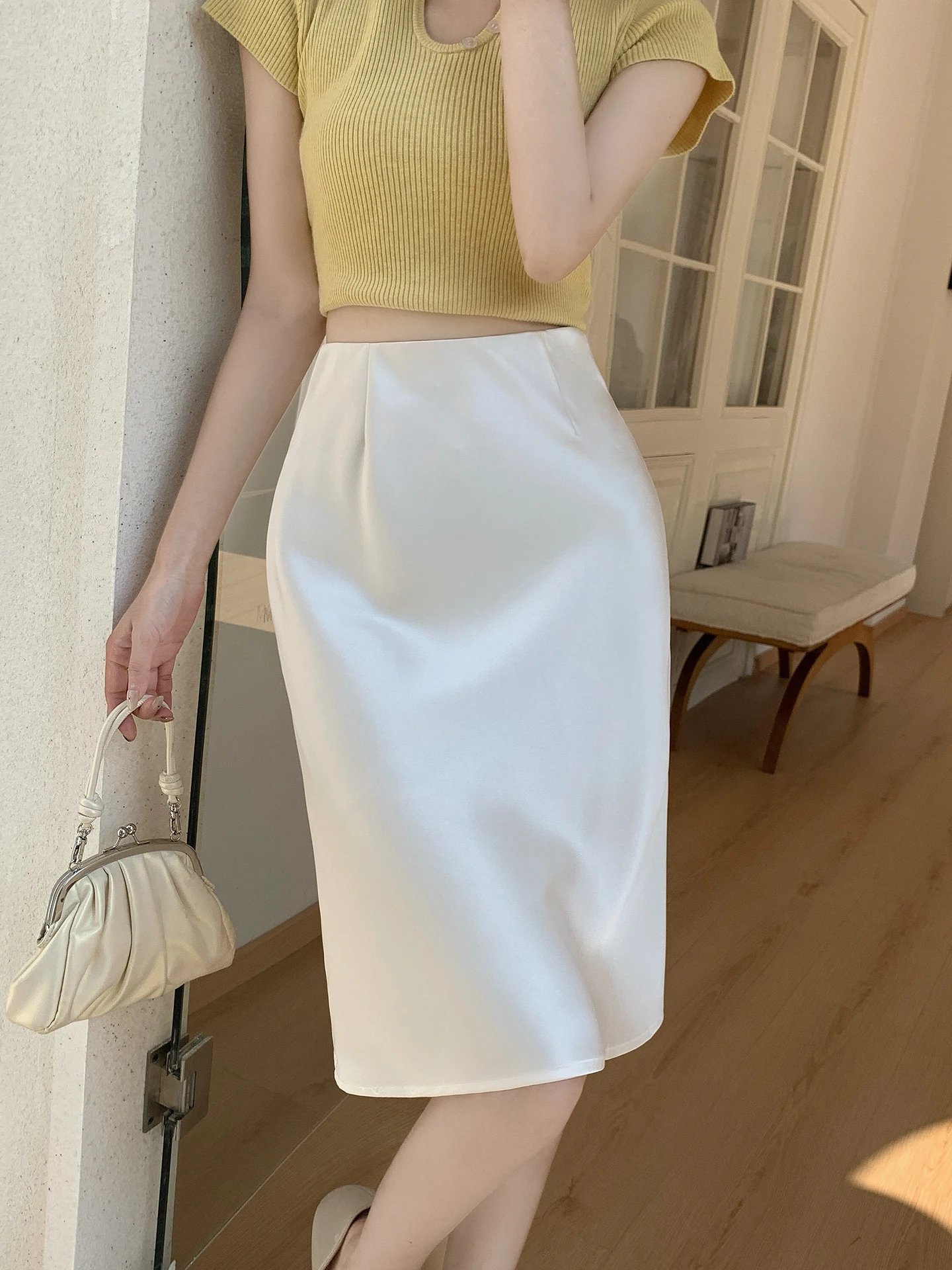 

Acetate Satin ter Ne Dr Women's Spring Summer High Waist Drapey A-Line Skirt Casual Straight Fit Midi Skirt