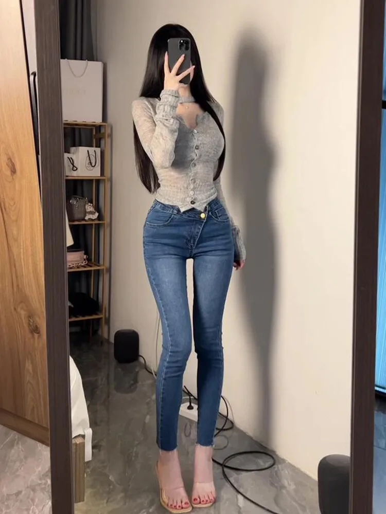 

Синие женские джинсы с высокой талией, облегающие, из денима, повседневные, модные, весенне-осенние, износостойкие, хлопковые, эластичные