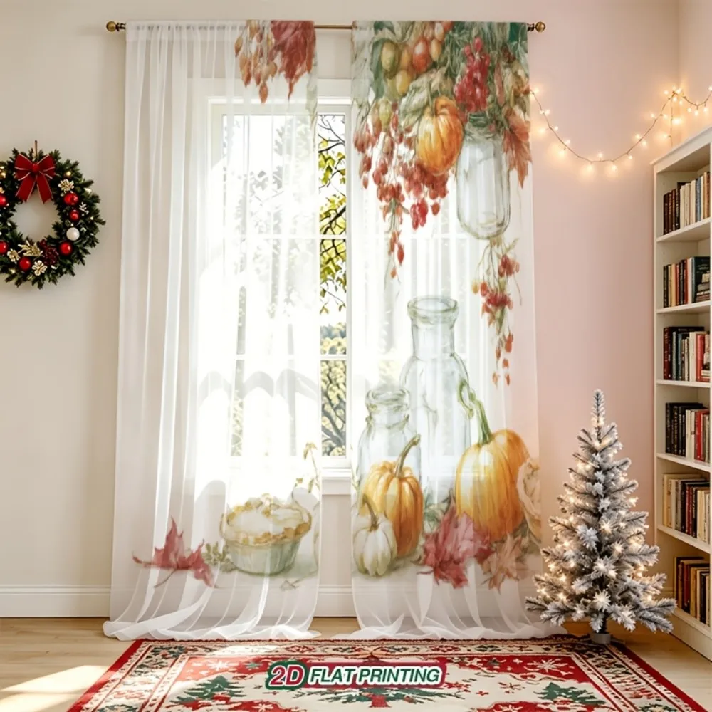 2PCS Thanksgiving Fall Sheer Curtains, Pumpkin Berry Leaf, Digital Print, Bedroom Living Room, Rod Pocket Polyester Home Decor