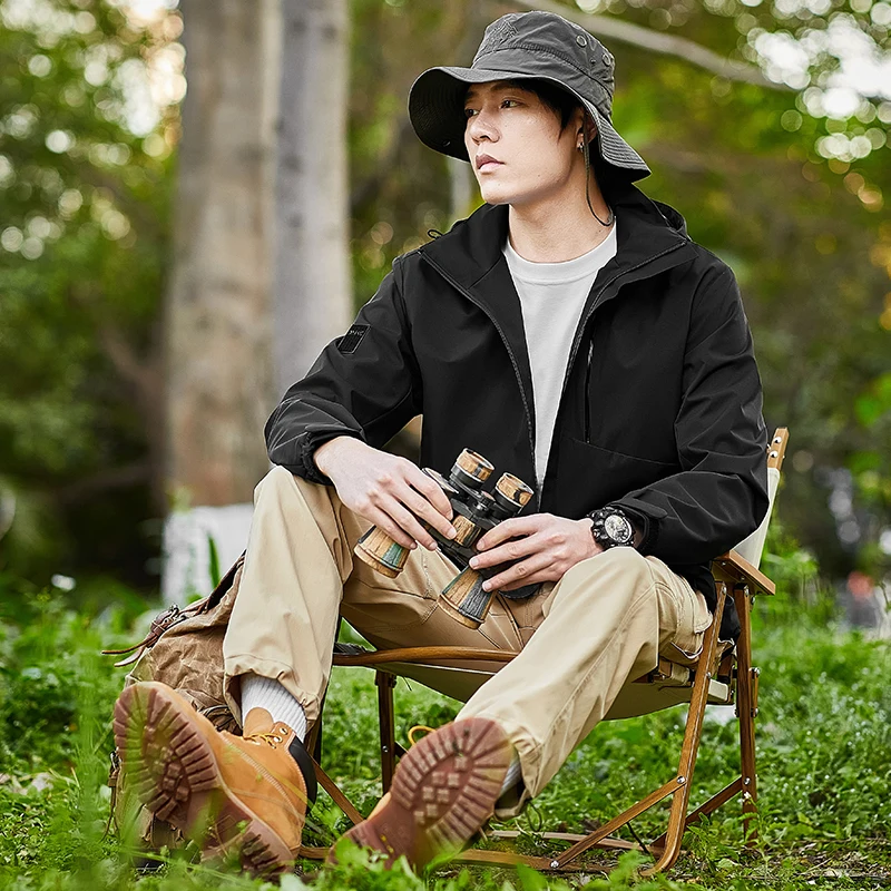 Men's Outdoor Jacket Waterproof Windproof Cycling Fishing Travel Camping Hiking Rainwear Solid Color Windbreaker Hooded