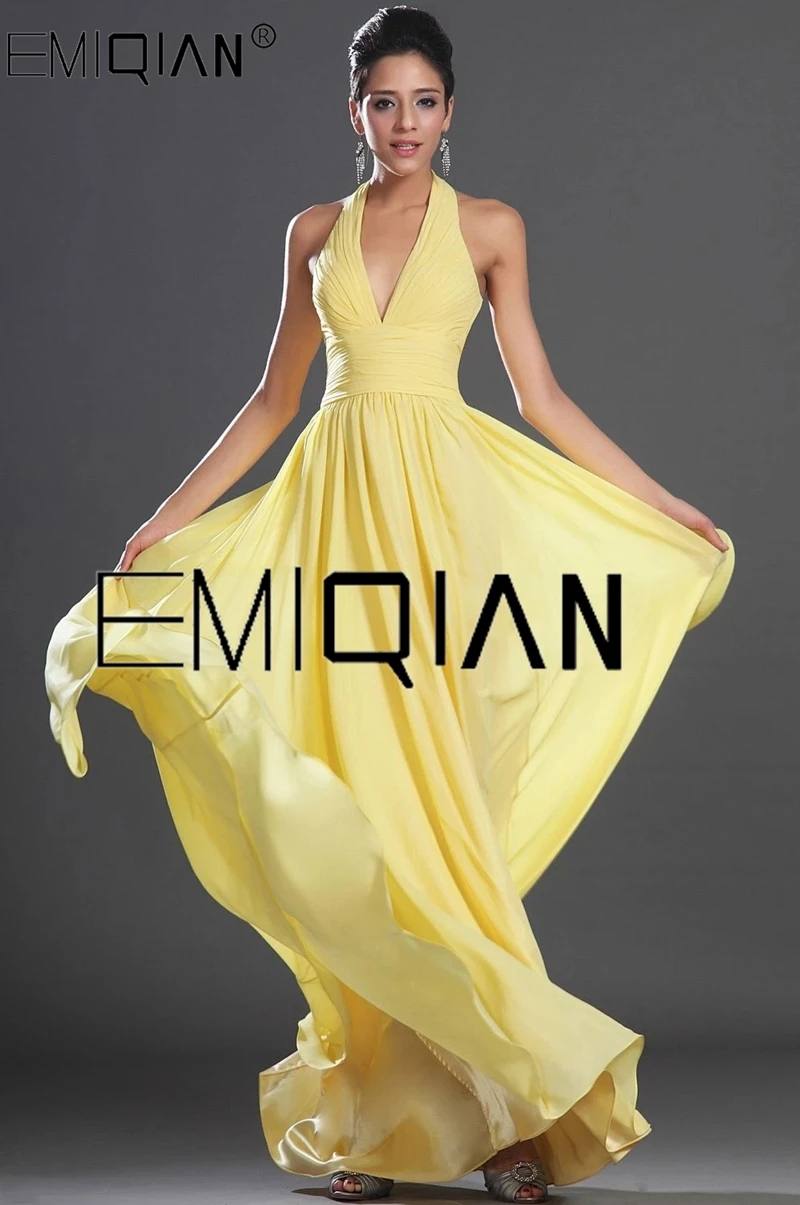 

Simple V Neck Yellow Chiffon Formal Evening Dress A Line Halter Prom Dress
