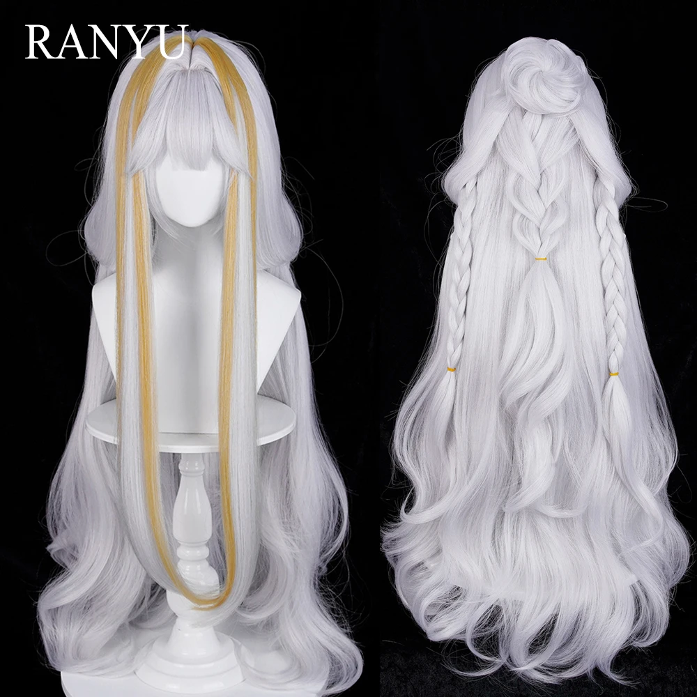 Długie Proste Syntetyczne Peruki z Białyblond Pasemkami z Grzywką Anime Gra Cosplay Puszysta Peruka Odporna na Ciepło na Codzienne Użytkowanie i Imprezy