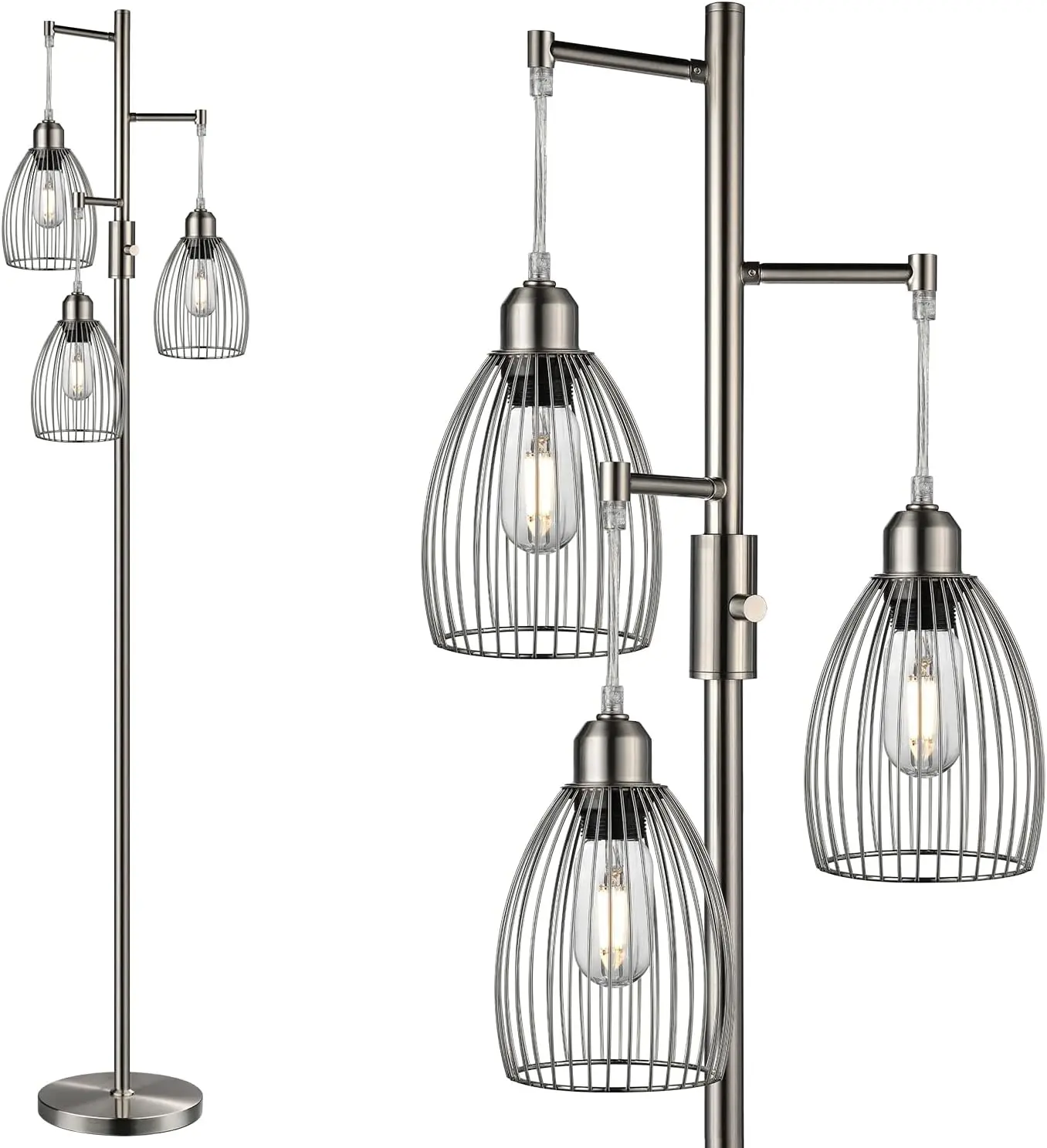 

Dimmable Floor Lamp with 3 LED Edison Bulbs, Industrial Tree Design for Living Room Bedroom in Brushed Nickel