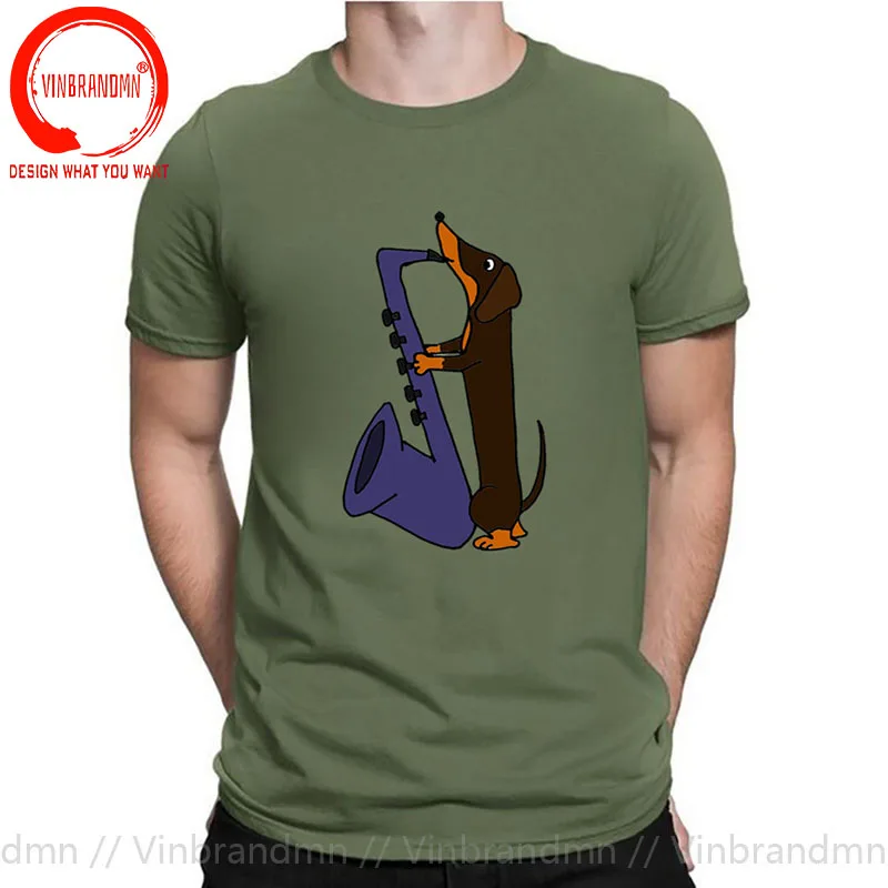 Fashion Dachshund Dog Playing Blue Saxophone Men T shirts Guitar Piano Music T-shirts Cartoon Dog Rock Band tshirt