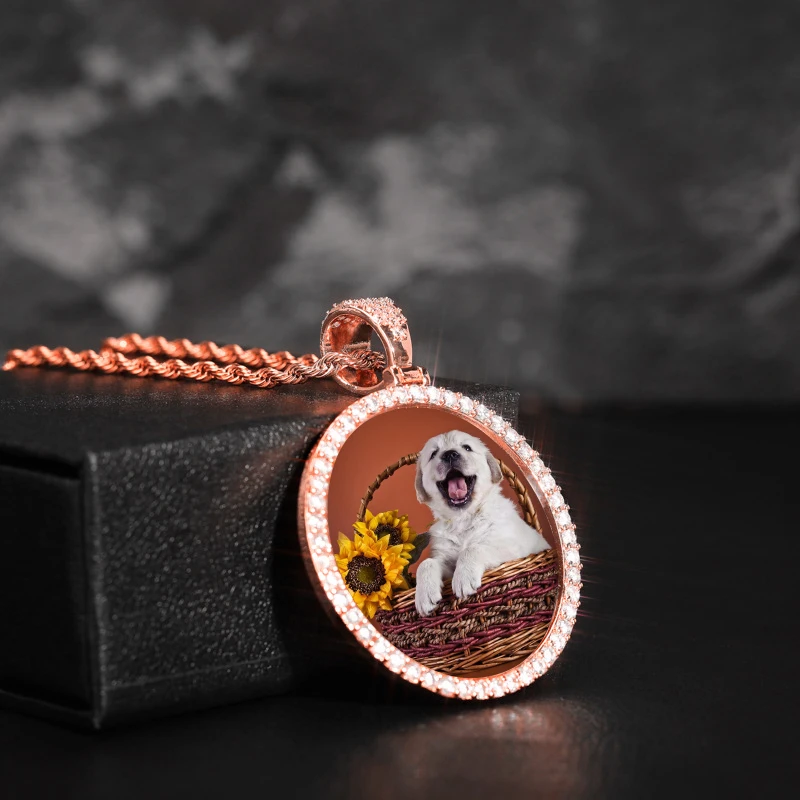 Ice Out DIY Photo Memory Medallions Pendant Necklaces Hip Hop Sublimation Cubic Zircon Round Pictures Charms Unisex Mens Jewelry