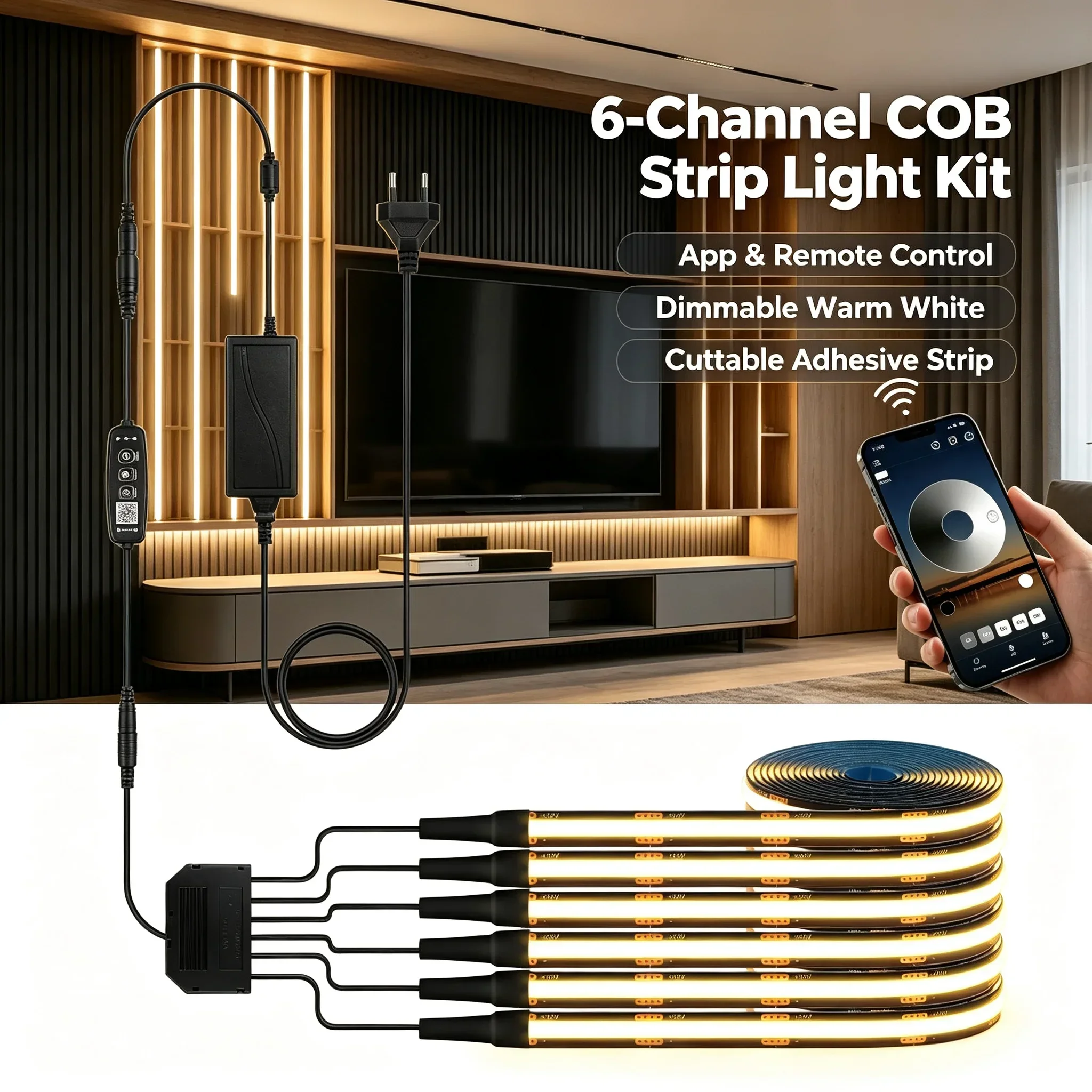 1‑6PCS COB Black PCB LED Strip Light Kit, EU US UK With Bluetooth APP & 2.4G Remote Dimmable 12V Flexible Tape Light For Cabinet