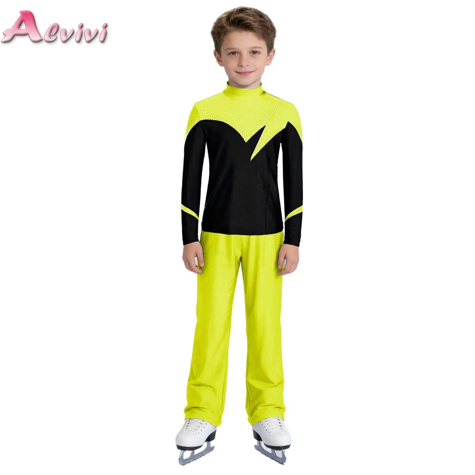 Kids Boys Figure Skating Outfit Long Sleeve Color Block Shiny Rhinestones Top with Pants for Practice Performance Competition