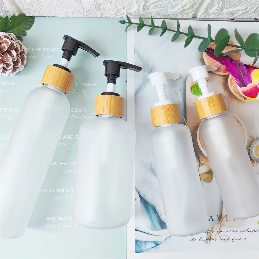 Botellas de plástico redondas vacías para mascotas, repuesto de desinfectante de manos, dispensador de bomba de bambú, emulsión, cuidado de la piel, champú de viaje, contenedores de líquidos