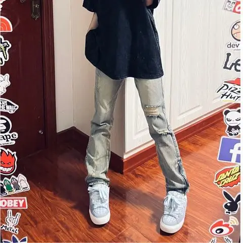 

High Street Vibe, рваные джинсы для девочек, летние узкие прямые тонкие брюки-карго с разрезом на молнии, винтажные джинсы-карго, мужская одежда
