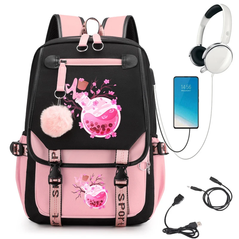 Primary Schoolbag for Girls Teenager Backpack Cartoon Cherry Blossom Kawaii Waterproof School Bag Backpacks Anime Usb Bookbag