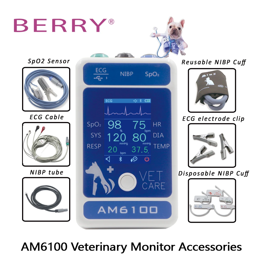 

BERRY AM6100 Veterinary Monitor ECG Cable ECG Electrode Clip SpO2 Sensor Reusable NIBP Cuff NIBP Tube Monitor Accessories