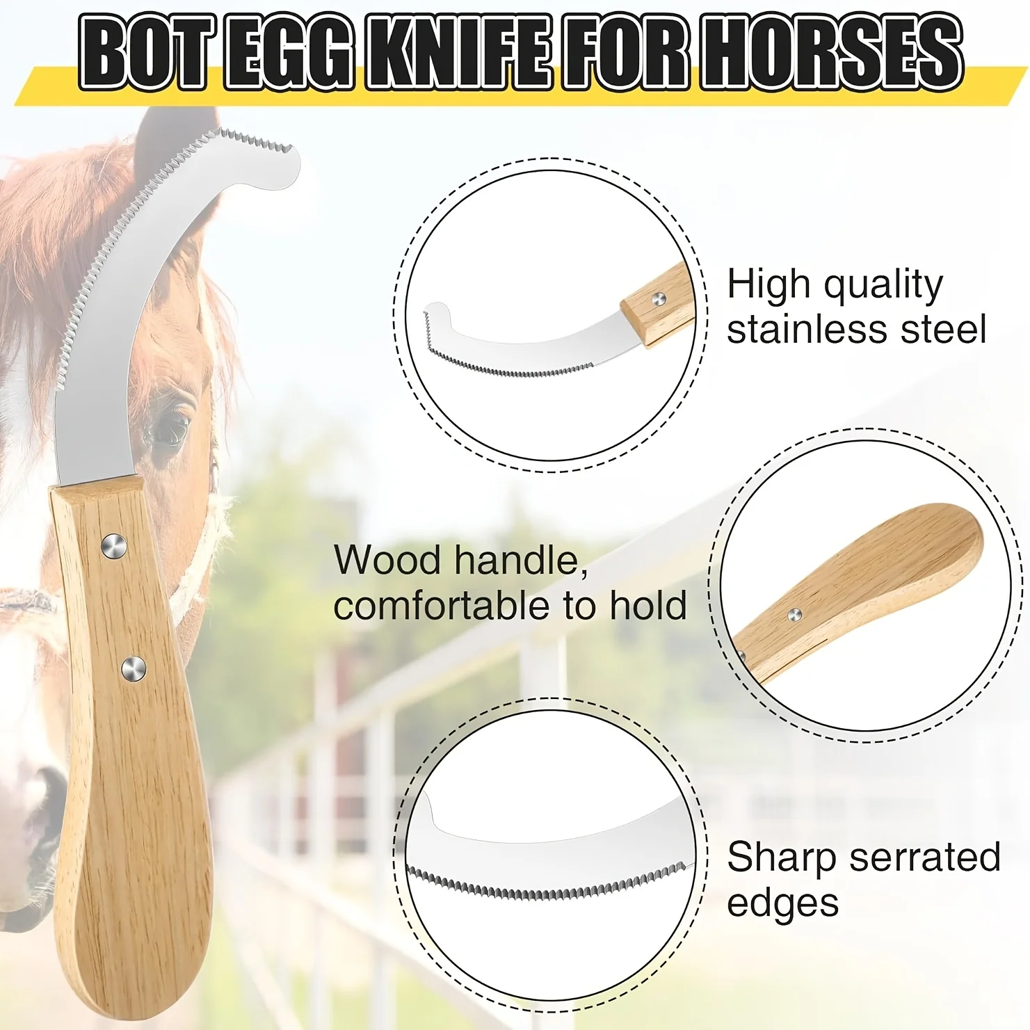 1Pcs Bot Egg Knife for Horses Horse Farrier Tool Grooming Bugs Stainless Steel Blade with Wood Handle Precision Grooming Tool