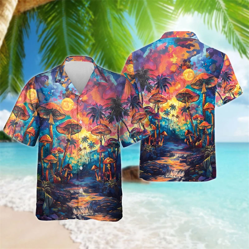 Magic Mushroom Beach Shirt Cute Toadstool Print Hawaii Casual Shirts Mens Cool Blouses Short Sleeve Comfortable Men Blouses Top