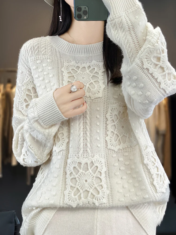 Autumn and Winter New 100% Pure Woolen Sweater Women\'s Round Neck Handmade Hooked Flower Hollow Thick Knitted Bottom Sweater