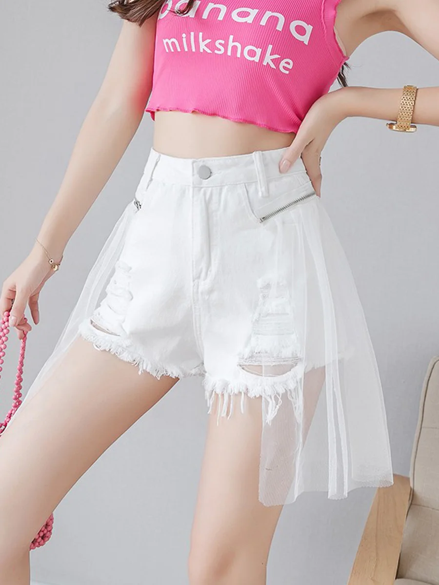

High Waist Denim Shorts Women's Summer New Design Sensation Slimming Detachable Mesh Splicing Hole Design Cotton Elastic Jeans