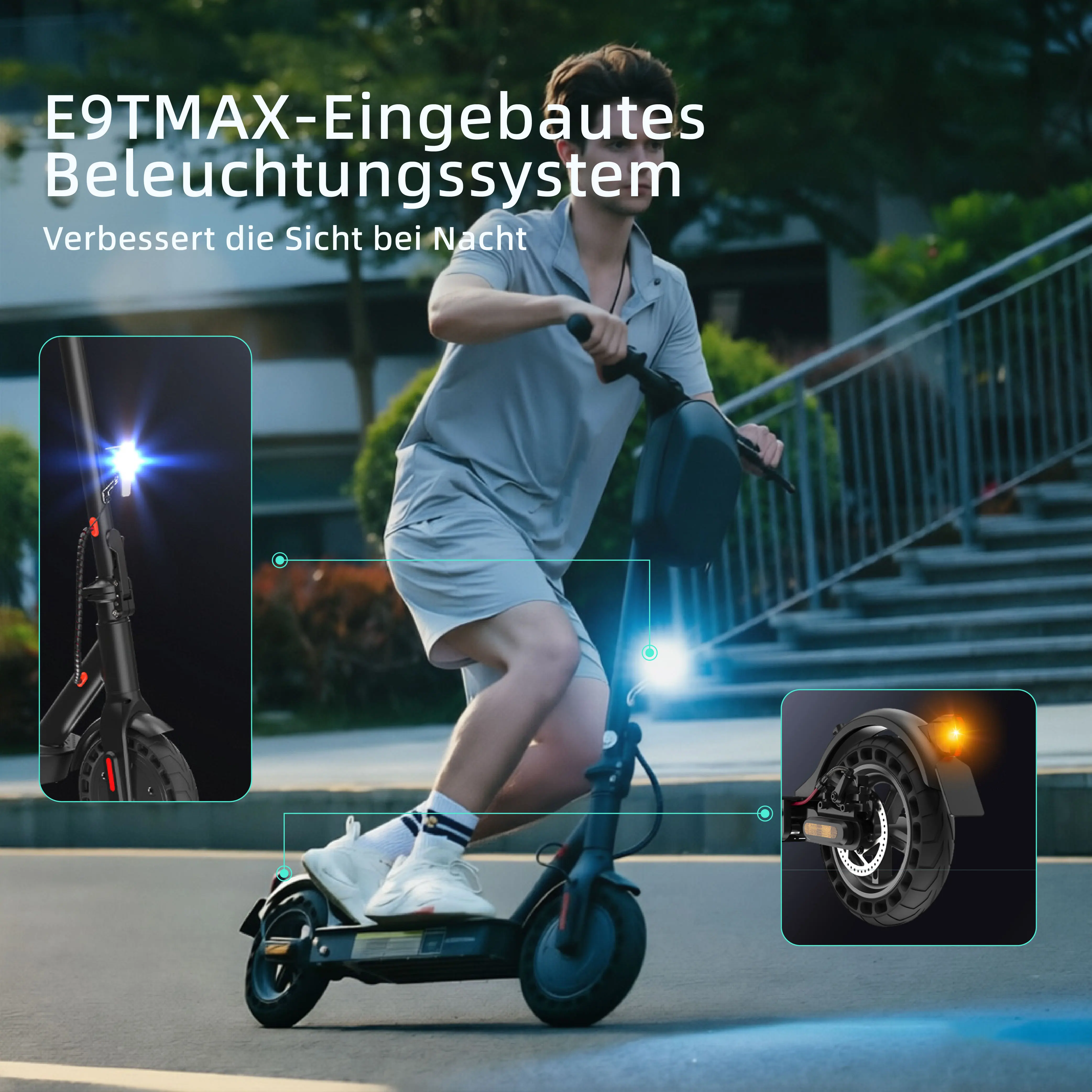 E9TMAX 10-Zoll Elektroroller 500W 36V10Ah 35-40km Reichweite Wabenreifen Hinterradfederung City-Pendler-E-Scooter (ABE) mit App – Detail 12