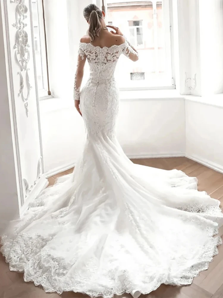 Abiti da sposa in pizzo a sirena con scollo a barca di lusso Appliques con perline abiti da sposa a maniche lunghe con treno staccabile Vestido De Novia