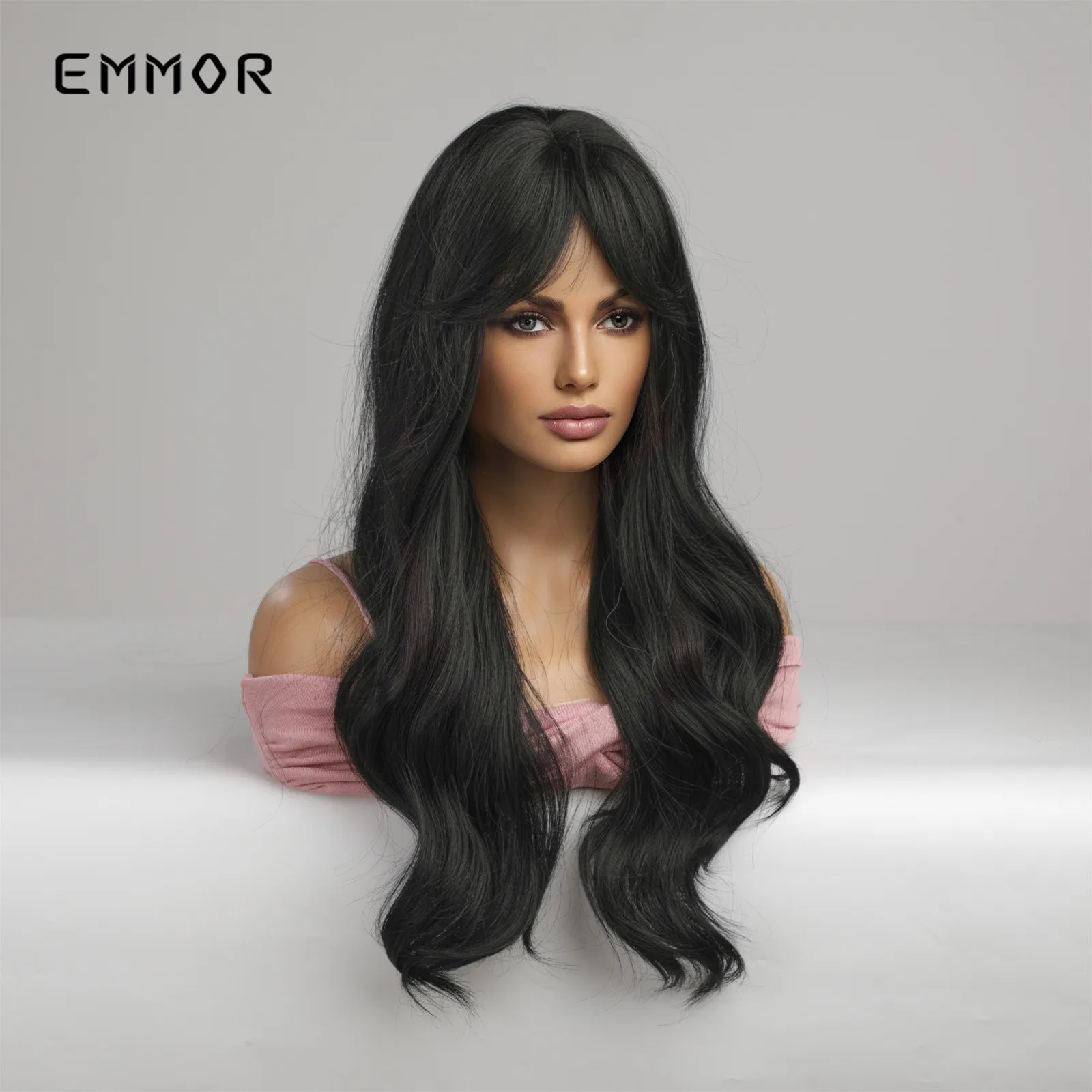 Emmor – perruque synthétique noire longue avec frange, naturelle, résistante à la chaleur, pour femmes, Cosplay, usage quotidien