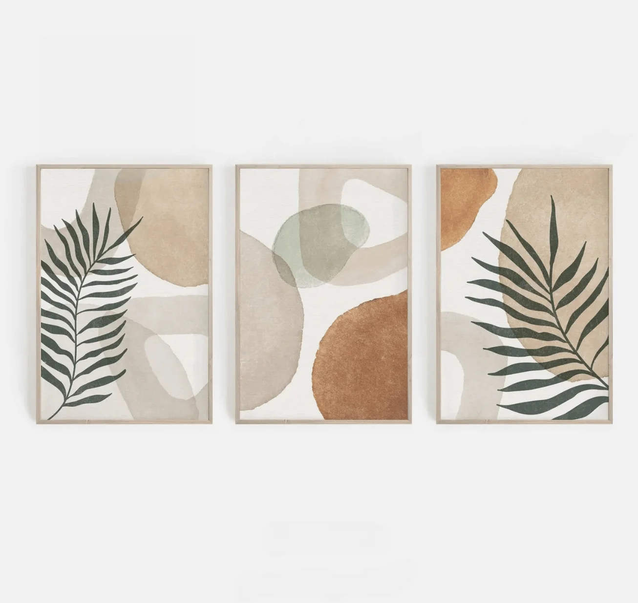 Boho Botanical 3 Panels Wall Art Canvas Prints, Palm Leaf Posters, Earth Tone Decor for Living Room Bedroom Gallery Wall Decor